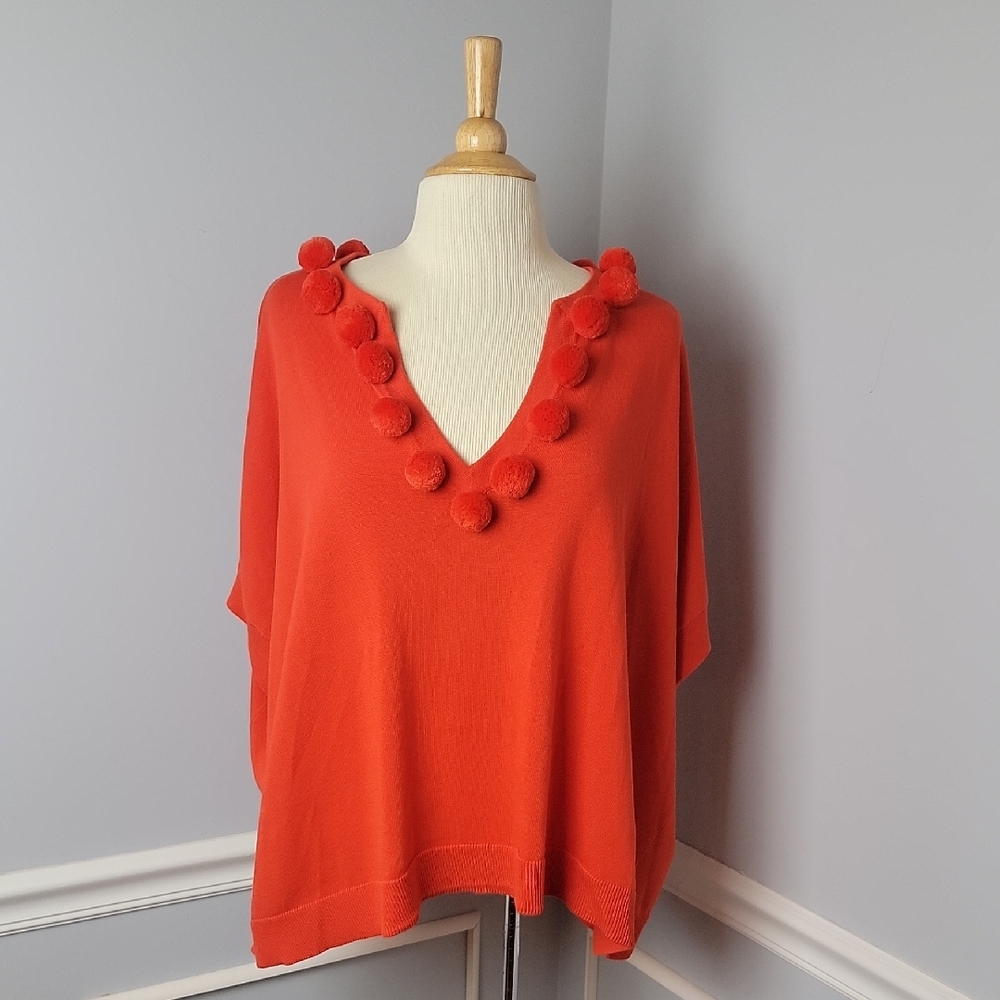 TRINA TURK Orange Red Pom Pom V-Neck Oversized Dolman Short Sleeve Boho Sweater